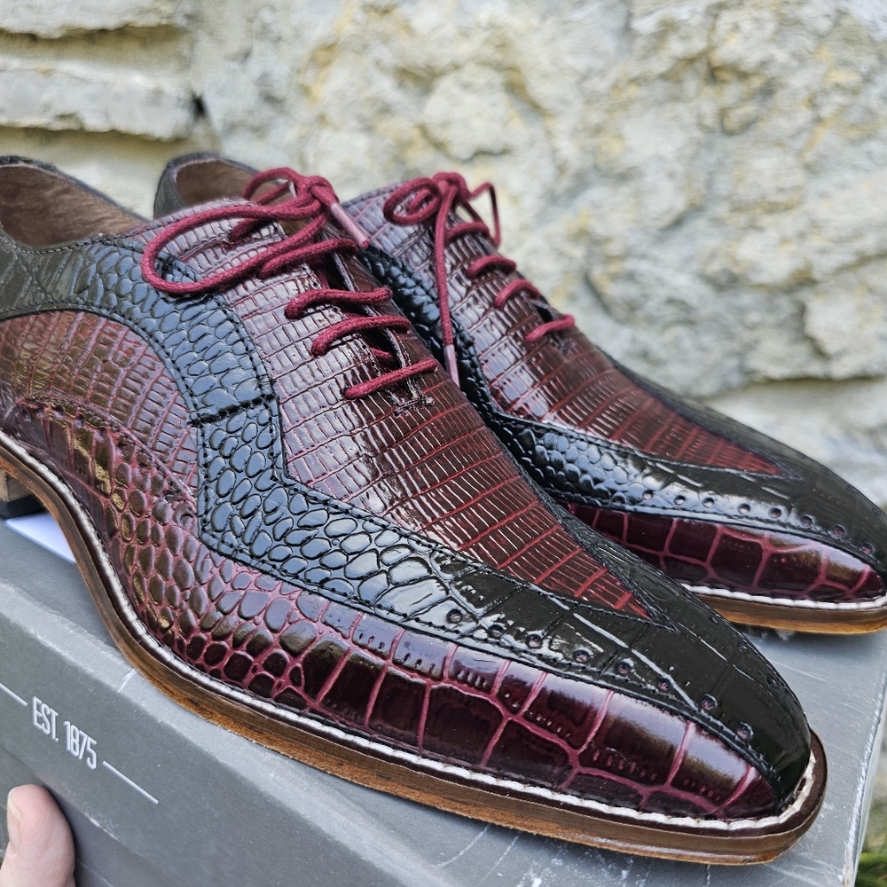 Mens Size 7M Prom Wedding Burgundy and Black Oxford Dress Shoes Snakeskin - Picture 4 of 16